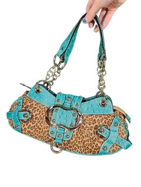 Y2K Vintage Guess Purse Shoulder Bag Leopard Print Teal Leather Silver Details 2